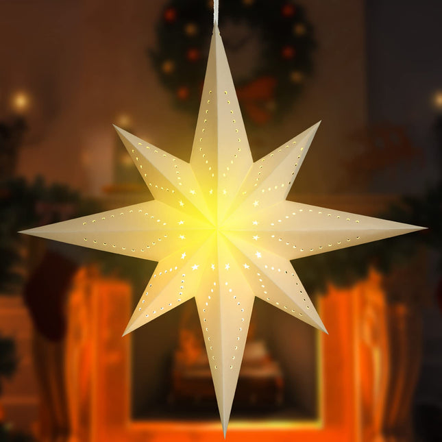 Paper Lantern Christmas 8 Pointed Hanging Star with LED Light String Lampshade Pendant Xmas Ornament for Wedding Holiday Birthday Home Decor 23.6 Inches(White)