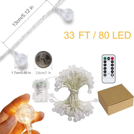 Battery Operated Globe String Lights,Water Proof 33 FT 80 LED Crystal Ball String Lights 8 Modes With Remote Control ,Indoor Outdoor LED Fairy Lights for Home, Christmas, Party Patio, Warm White