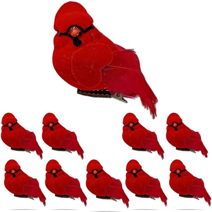 BANBERRY DESIGNS Cardinal Clip-On Christmas Ornaments - Decorations - Red Velvet & Feathers - Set of 10 Pieces - Each Bird is 3" Long