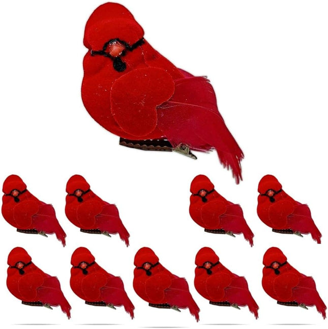 BANBERRY DESIGNS Cardinal Clip-On Christmas Ornaments - Decorations - Red Velvet & Feathers - Set of 10 Pieces - Each Bird is 3" Long