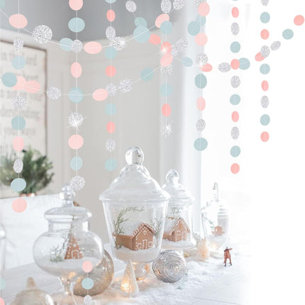 Cheerland Party Decorations Glitter Silver Blue Pink Circle Garlands Streamer Hanging Dots Decoration Backdrop for Wedding Engagement Birthday Bridal Baby Shower Backdrop Party Supplies