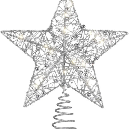 Xmas Tree Topper- Star Christmas Tree Topper, Christmas Decoration, Star Treetop Light, Metal Christmas Treetop for Christmas Home Decoration(Silver, 25 x 30cm)