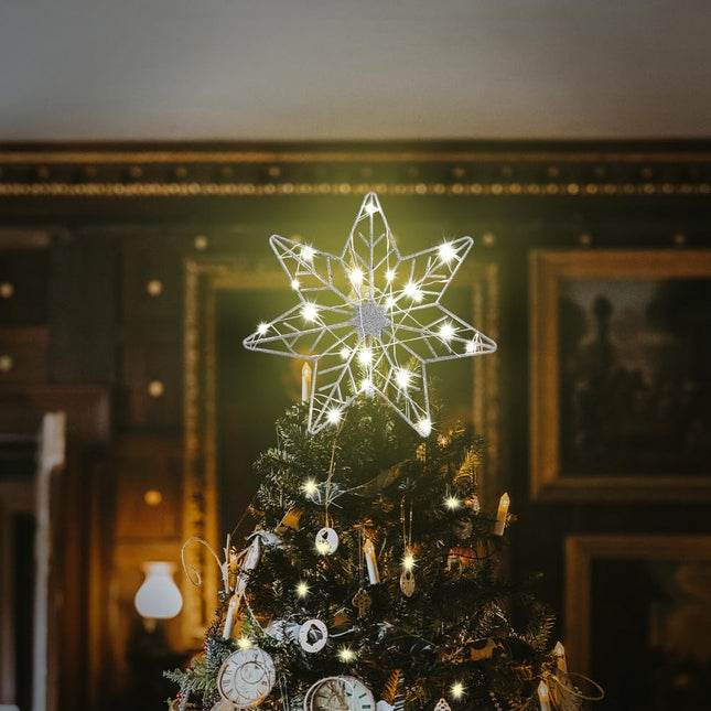 YEAHOME Christmas Tree Topper, Silver Glittered Hollow 7-Point Star Tree Topper, Lighted Wire Star with 20 LED Lights for Christmas Treetop, Xmas Tree Topper with Timer, Christmas Tree Decorations
