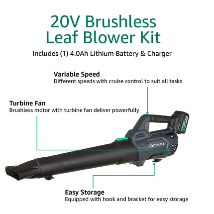 Amazon Brand - Denali by SKIL 20V Brushless 400 CFM Leaf Blower Kit, Includes 4.0Ah Lithium Battery & Charger
