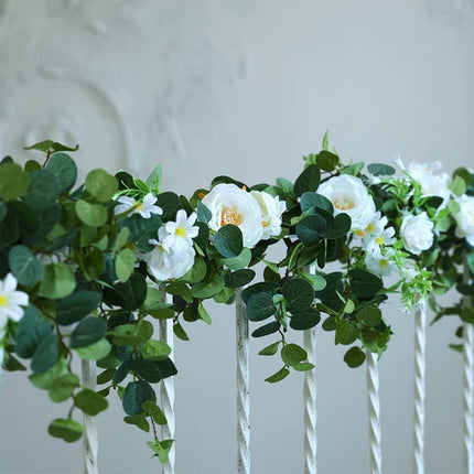 MISSPIN White 6.6 Feet Eucalyptus Garland with Flowers, 16 Lovely Flowers, Artificial Eucalyptus and Rose Garland Decor, Floral Garland Greenery Garland for Wedding Table Decor