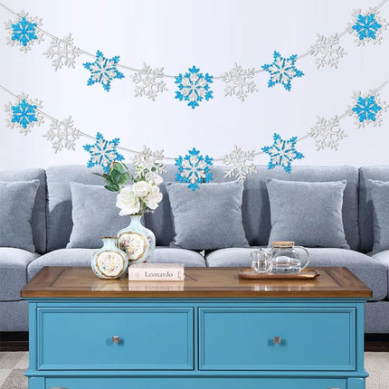 Glitter Frozen Snowflake Garland Decorations Banner Winter White and Blue Snowflakes Banner Decorations for Wonderland Frozen Party Decorations, Birthday and Christmas Deco