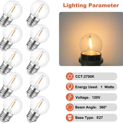 Night Light Bulbs,E27 LED 1W Light Bulb,Low Watt LED Light Bulbs,Warm White 2700K,E27 LED Bulb Decorative for String Lights Christmas Wedding Party Decor,Clear,Plastic,AC 120V,10 Pack