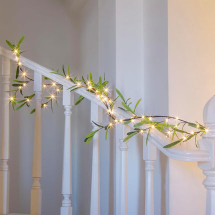 Vanthylit Lighted Artificial Olive Garland, 6FT LED Faux Greenery Vine Garland Lights Battery Operated with Timer for for Mantel Fireplace Wedding Christmas Holiday Home Decor