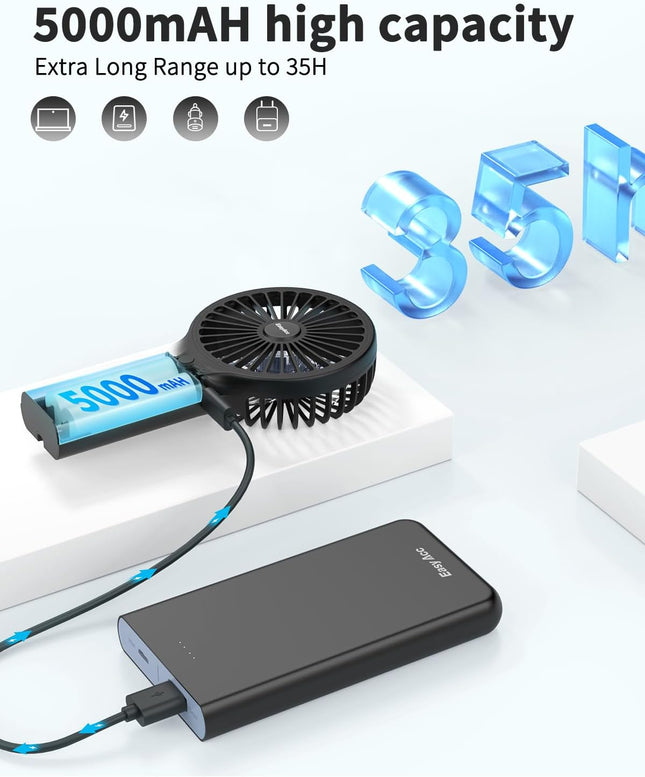 Easyacc Handheld Fan, 5000 Battery Portable Fan 735H Working Time] Usb Rechargeable, 4 Speed Cooling Personal Fan, Mini Hand Held