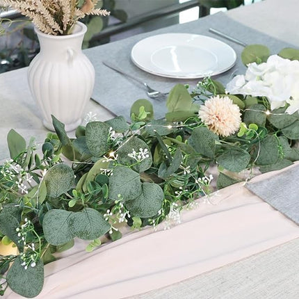 SOMYTING 2PCS 6FT Artificial Mixed Eucalyptus Leaves Garland Faux Silver Dollar Eucalyptus with White Seeds Greenery Vines for Wedding Arch Backdrop Table Mantel Christmas Indoor Outdoor Decor