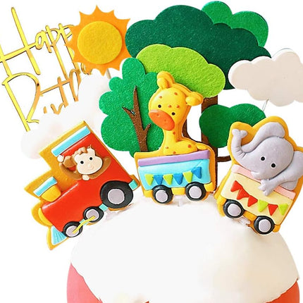 Forest Animal Train Cake Toppers - Set of 14 - Handmade Clay Monkey,Giraffe,Elephant Train, Tree, Clouds, Sun and Happy Birthdany Cake Topper