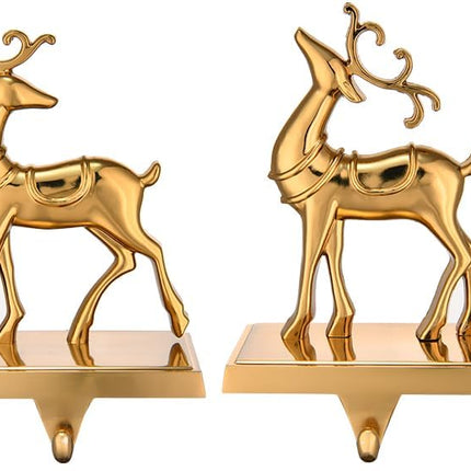 Antique Gold Reindeer & Sleigh Stocking Holder Set for Mantle Set of 4,Deer Stocking Hangers for Firepiece,Christmas Decorations Mantel Hanger for Stocking/Garland (Retro Gold)