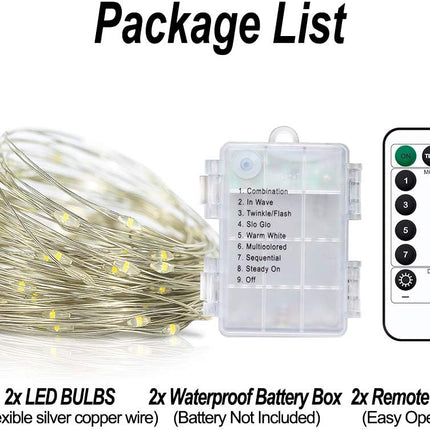 YoTelim LED Fairy String Lights with Remote Control - 2 Set 100 LED 33ft/10m Micro Silver Wire Indoor Battery Operated LED String Lights for Garden Home Party Wedding Festival Decorations(Warm White)