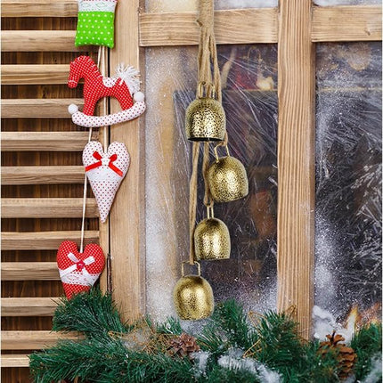 Decorative Bells(2-Piece Set), Tibetan Inspired Meditation Bell, Christmas Decorative Bells with 4 Bells on Jute Hanging Rope, 3" x 2" x 17"
