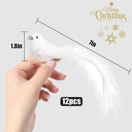 Cosweet 12 Pcs Artificial Christmas Dove Birds with Clip, White Feather Xmas Tree Ornament Wreath Flower Arrangement Supplies for Party Wedding Decor DIY Craft s