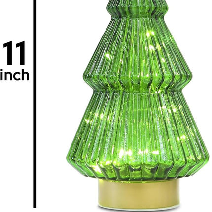 Glass Christmas Tree, Battery Operated Green Lit Christmas Tree Figurine, Lighted Mercury Glass Decor Cordless Cone Crystal Christmas Tree Tabletop Lamp, Light Up Christmas Tree with Lights