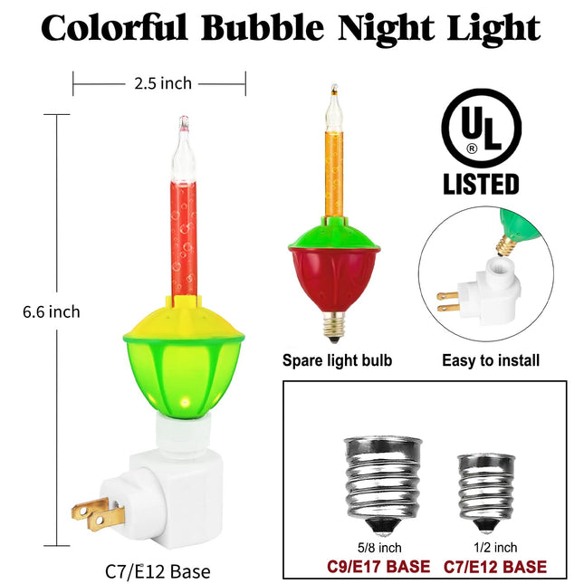 1 Pack Multi-Color Christmas Bubble Light Night Lights,2 Vintage Bubble Light Bulbs with Multicolor Liquid 5W C7/ E12 Candelabra Base Swivel Plug-in Base,White
