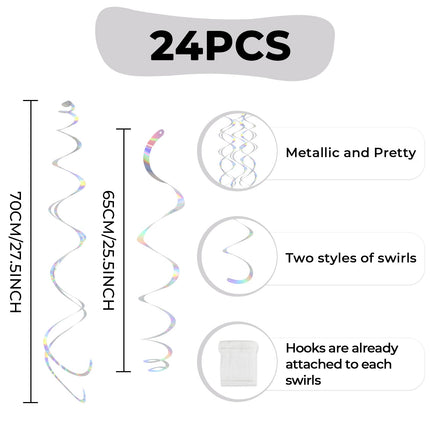 24 PCS Iridescent Hanging Swirl, Shinny Holographic Ceiling Decorations, Plastic Streamer Party Decorations with Double-Swirls and Single-Swirls for Birthday Decorations, Wedding, Baby Shower