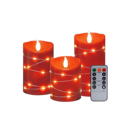 Flameless Candle Battery Powered Embedded Light String LED Candle 11 Key Remote Control and Timer Function Flashing Flame Candle 3-Piece Set (red)