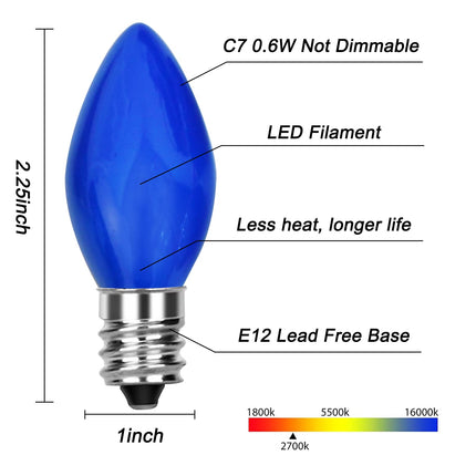 25 Pack C7 LED Christmas Lights Replacement Bulbs,Ceramic Multicolor Christmas Light Bulbs 0.6Watt Dimmable E12 LED Replacement Bulbs for Christmas Tree,Christmas String Lights