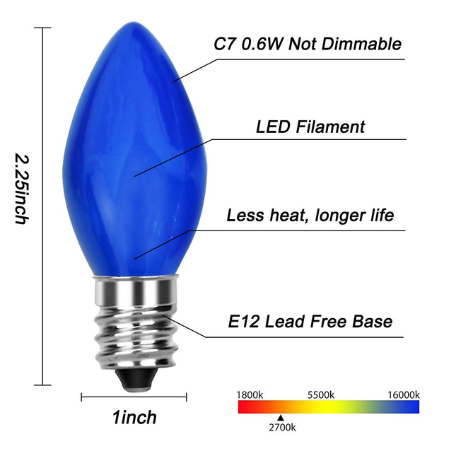 25 Pack C7 LED Christmas Lights Replacement Bulbs,Ceramic Multicolor Christmas Light Bulbs 0.6Watt Dimmable E12 LED Replacement Bulbs for Christmas Tree,Christmas String Lights