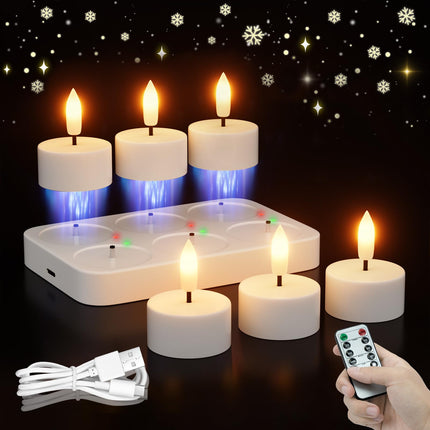 Rechargeable Flameless Tea Lights Candles with Charging Station 6Pcs Battery Tea Lights Candles with Remote & Timer LED Tealight Candles Flickering Realistic for Home Christmas Wedding Decor - White