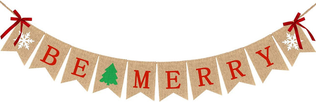 Be Merry Burlap Banner Christmas Decorations Rustic Christmas Tree Snowflake Sign Burlap Garland Christmas Decor for Mantle Fireplace Xmas Holiday Party Supplies Outdoor Indoor Hanging Decor