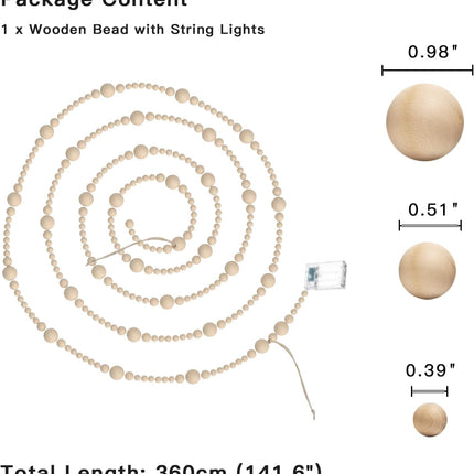 11.8 Feet Christmas Garland Christmas Tree Decorations, Boho Decoration Hanging Wooden Bead String Light, Bead Ornament String Garland for Christmas Thanksgiving Fireplace Mantel Birthday Party Decor