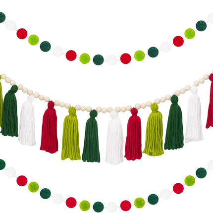 Anwyll Tassel Garlands,Christmas Tassel Garlands with Wood Beads,Tassel Wall Hanging Decor,Classroom Home Decor Pastel Tassel Garland with 2Pcs Pom Pom Balls Garlands for Christmas Holiday Party