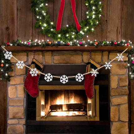 Wooden Christmas Decorations Garland with Snowflakes, Boho Christmas Decor Rustic Wood Garland, DIY Wooden Bead Xmas Garland Decor Winter Banner Decor for Tree Mantle Fireplace Wall (White)