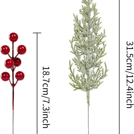 30Pcs Artificial Pine Branches with Red Berry Stems Assorted Faux Cedar Leaves Sprigs Holly Berries Twigs Christmas Tree Picks Greenery Sprays for DIY Craft Wreath Garland Holiday Season Décor (Snow)