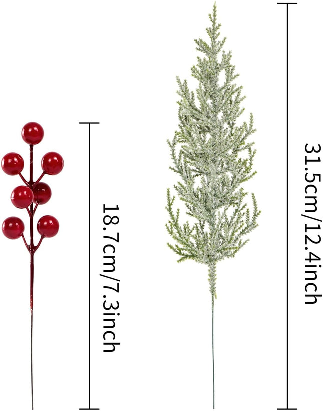 30Pcs Artificial Pine Branches with Red Berry Stems Assorted Faux Cedar Leaves Sprigs Holly Berries Twigs Christmas Tree Picks Greenery Sprays for DIY Craft Wreath Garland Holiday Season Décor (Snow)