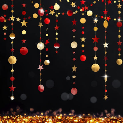 Cheerland Gold Burgundy Party Decorations Red Circle Dots Garland Red Twinkle Star Streamer Hanging Backdrop for Wedding Birthday Engagement Bridal Shower Bachelorette Valentines Day Chinese Year
