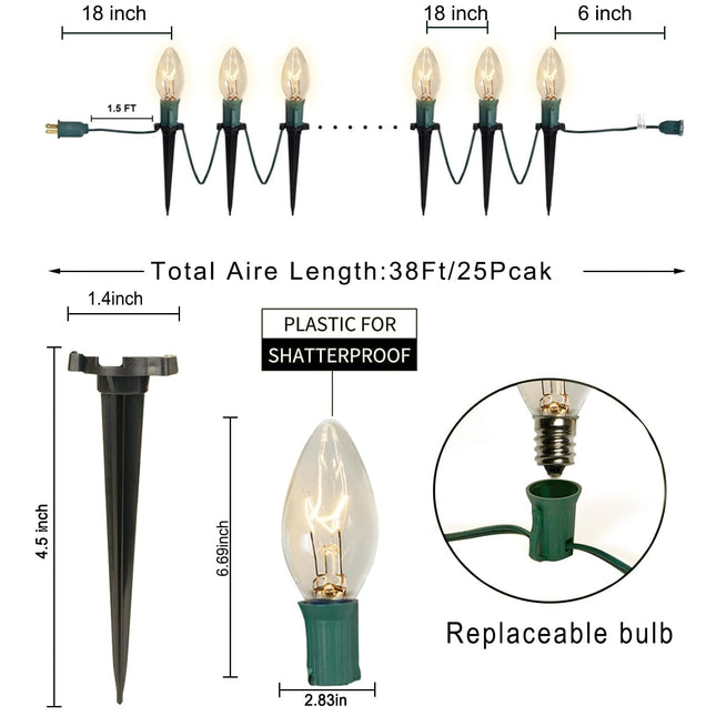 C9 Christmas Pathway Lights, 38FT Clear Christmas Pathway String Lights with 25 Incandescent Bulbs and Stakes for Outdoor Walkway Driveway Backyard Christmas Decorations, Warm White