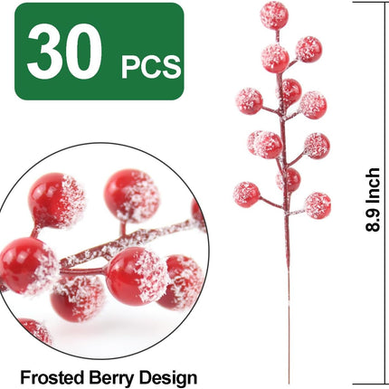 30 Pack Snow Frosted Red Berry Stems 8.9" Holly Frosted Berry Picks Snowy Artificial Red Berries for Christmas Tree Filler Picks and Sprays Holiday DIY Crafts Christmas Decor