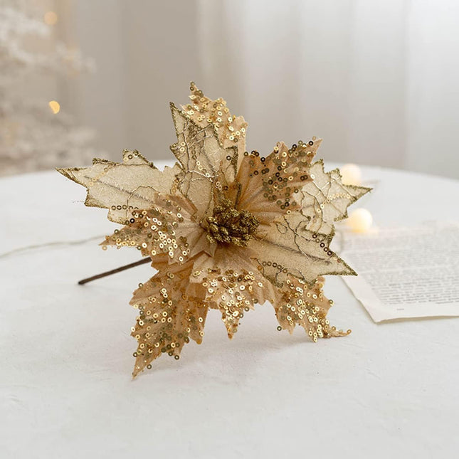 Ansho Pack of 6 Glitter Poinsettia Flower Large Artificial Christmas Flower Decoration Christmas Tree Ornaments Wreath Garland Decoration (Gold)