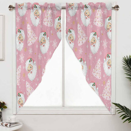 Christmas Swag Curtains,Pink Santa Claus Kitchen Valances Rod Pocket Curtain Tier Pair Swag Topper,Xmas Tree Snowflake 2 Panels Window Treatment for Bathroom Living Room