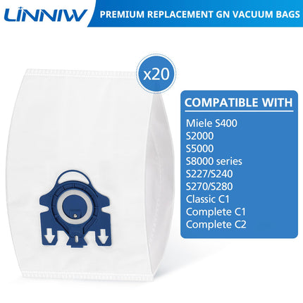 20 Pack 3D Airclean Gn Vacuum Bags Compatible With Miele Classic C1, Complete C1, Complete C2, Complete C3, S227 S240, S270, S400, S2, S5, S8 Series Canister Vacuum Cleaner