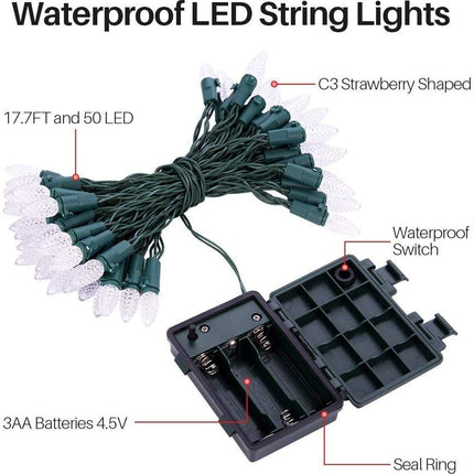 Battery Operated String Lights - 18ft 50 LED C3 String Lights Christmas Lights Battery Powered String Lights for Indoor Outdoor Christmas Tree Wreath Party Decoration, Waterproof, Warm White