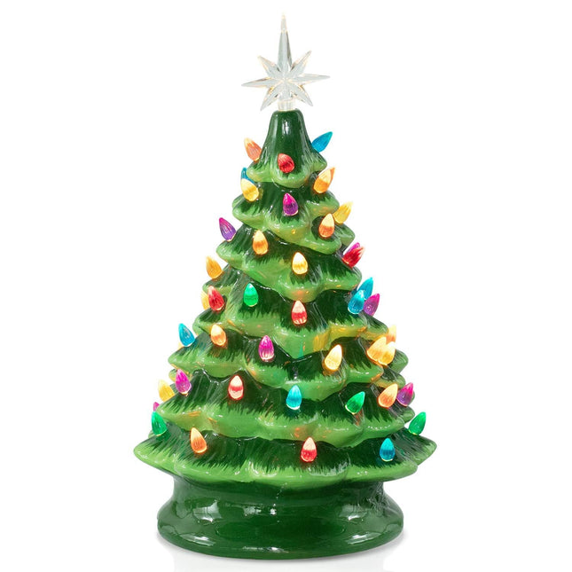 13 Inch Ceramic Christmas Tree, Pre-lit Tabletop Christmas Tree with Multicolored LED Lights and Star Topper, Battery Operated Vintage Lighted Ceramic Tree for Home Office Table Holiday Decorations