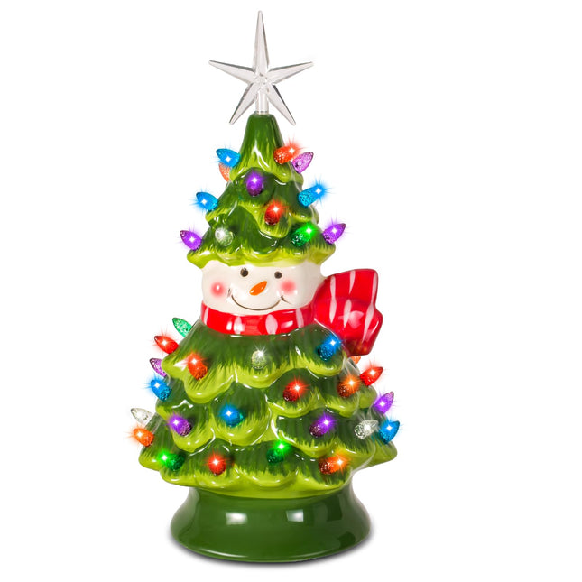 Ceramic Christmas Tree, 15" Snowman Christmas Decorations Tree with Multicolored Lights Decorative Christmas Tree for Holiday Xmas Home Indoor Decorations
