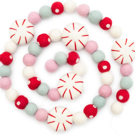 Glaciart One Peppermint Felt Ball Garland - Pompom Holiday Decoration Hand-Made from Natural Wool - Cute Hanging Decor for Christmas Tree, Mantel, Kids Bedroom, Living Room, Nursery - 9 Feet Long
