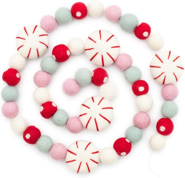 Glaciart One Peppermint Felt Ball Garland - Pompom Holiday Decoration Hand-Made from Natural Wool - Cute Hanging Decor for Christmas Tree, Mantel, Kids Bedroom, Living Room, Nursery - 9 Feet Long