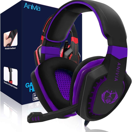 Anivia Computer Over Ear Headphones Wired with Mic Stereo Gaming Headset Noise Isolating Headsets with Volume Control, Bass Surround, Soft Memory Earmuffs for Multi-Platform -AH28plus Black Purple