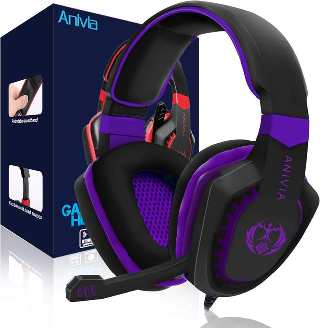 Anivia Computer Over Ear Headphones Wired with Mic Stereo Gaming Headset Noise Isolating Headsets with Volume Control, Bass Surround, Soft Memory Earmuffs for Multi-Platform -AH28plus Black Purple