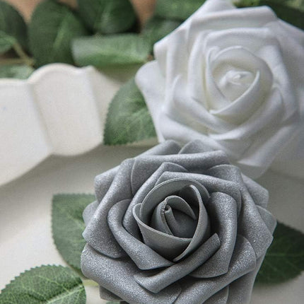 Floroom Artificial Flowers 50pcs Real Looking Shimmer Silver Grey Foam Fake Roses with Stems for DIY Christmas Tree Xmas Wedding Bouquets Party Tables Centerpieces Floral Arrangements Home Decor