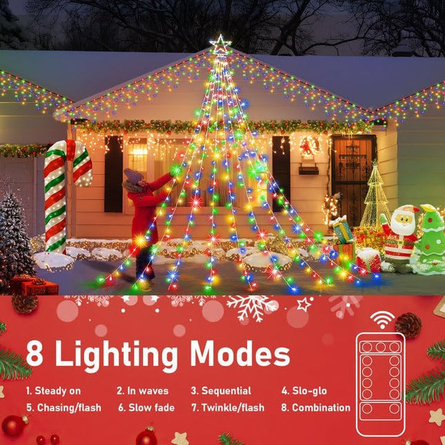 XURISEN Outdoor Christmas Decorations Star Light,11.8 ft 337 LED Waterfall Tree Lights with Topper Star String Lights Plug in, 8 Modes Christmas Lights for Party Home Holiday Decor(Multicolor)