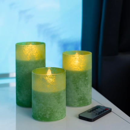 ANGELLOONG Glass LED Candles Flickering, Flameless Battery Operated Candle with Remote, Pillar Electric Timer Candles for Home Holiday Decor, Sandblast Green