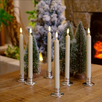Set of 6 Flameless Ivory Wax Windows Candles with 12 AA Batteries(Include, Run More Than 400 Hours) and 6 Sliver Candlesticks.10 Inch, Flickering Battery Operated LED Candle Lights, Remote/Timer