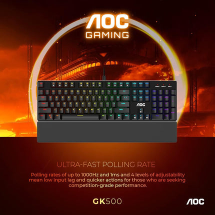 AOC Gaming Full RGB Mechanical Keyboard, 104-Key Outemu Blue Switches, Full NKRO, Detachable Wrist Rest, Light FX RGB, G-Menu Software (GK500)
